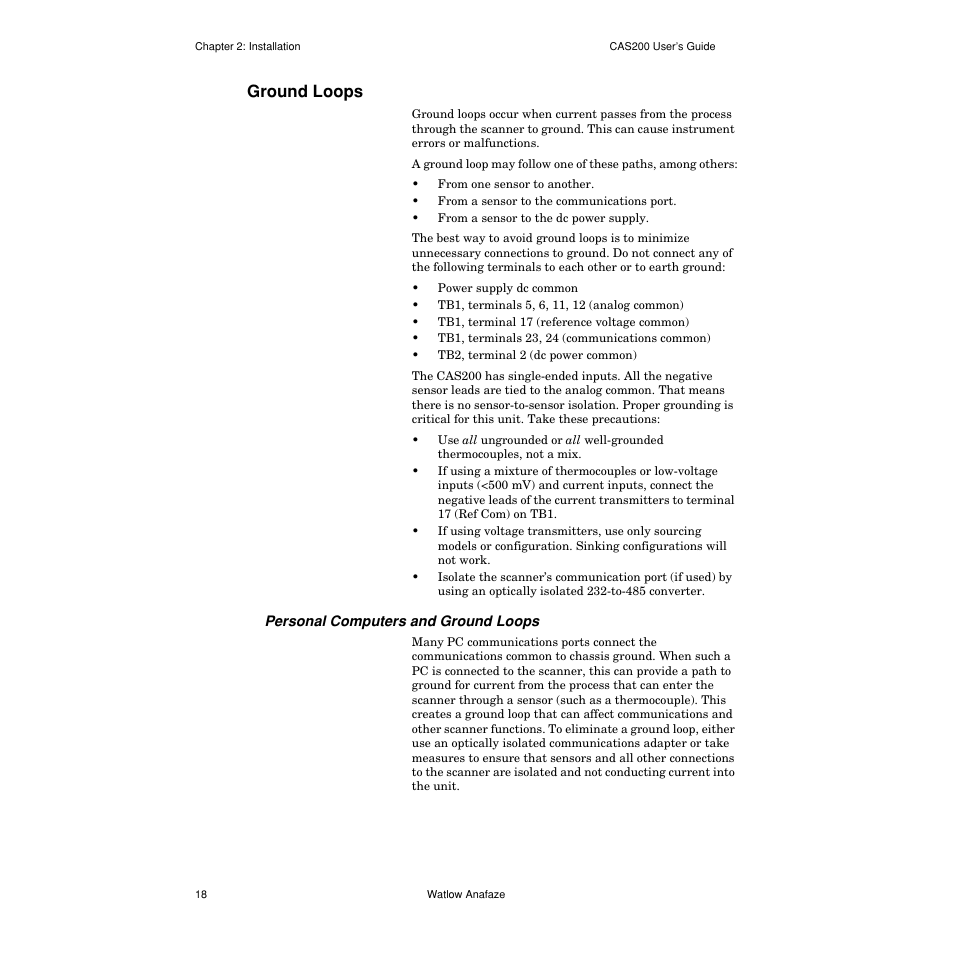 Ground loops, Personal computers and ground loops, Ground loops 18 | Watlow CAS200 User Manual | Page 30 / 124