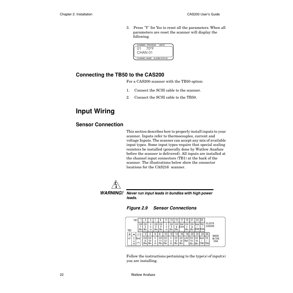 Connecting the tb50 to the cas200, Input wiring, Sensor connection | Connecting the tb50 to the cas200 22, Input wiring 22, Sensor connection 22, Figure 2.9— sensor connections 22, Warning, Figure 2.9 sensor connections | Watlow CAS200 User Manual | Page 34 / 124