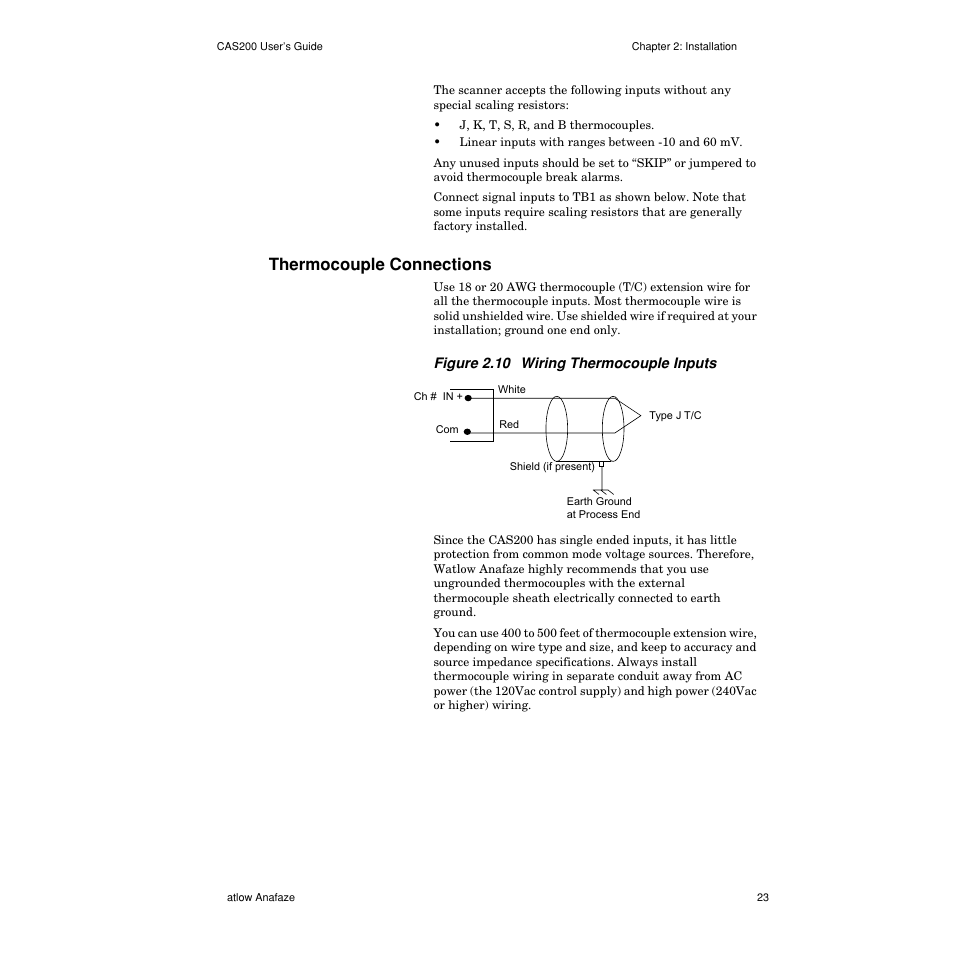 Thermocouple connections, Thermocouple connections 23, Figure 2.10— wiring thermocouple inputs 23 | Watlow CAS200 User Manual | Page 35 / 124