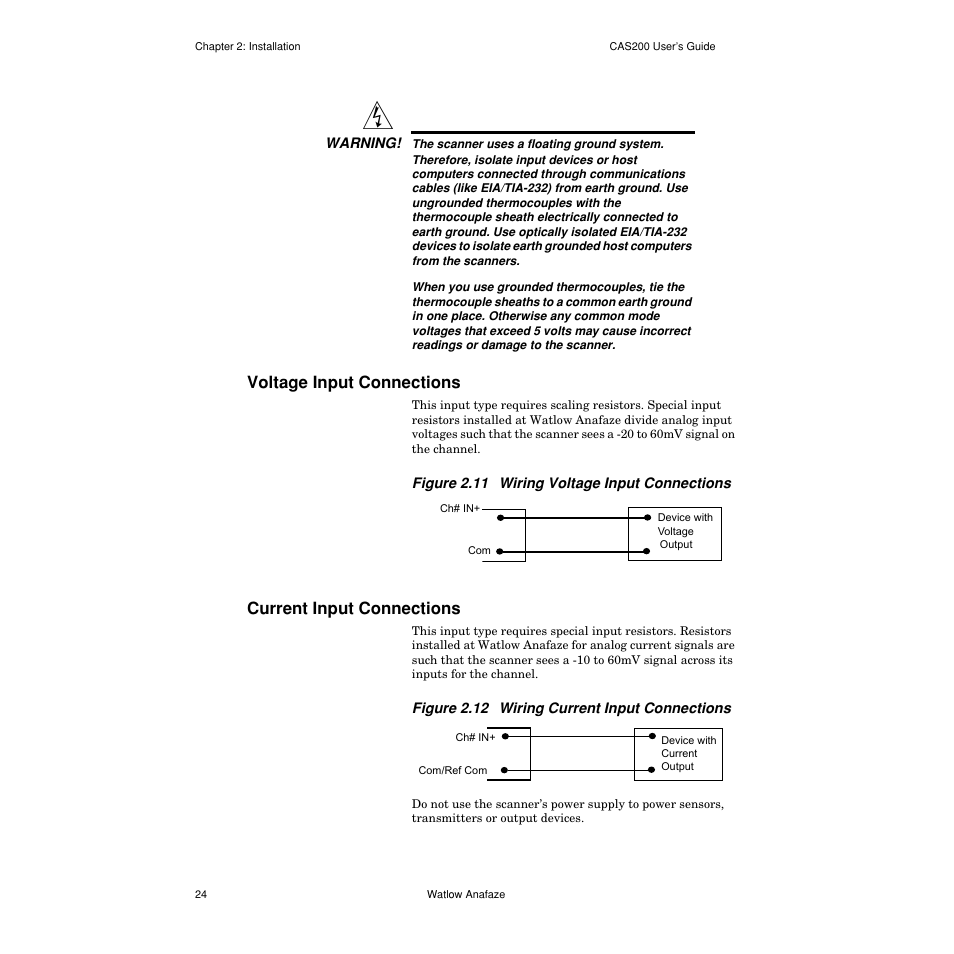 Voltage input connections, Current input connections, Voltage input connections 24 | Current input connections 24 | Watlow CAS200 User Manual | Page 36 / 124