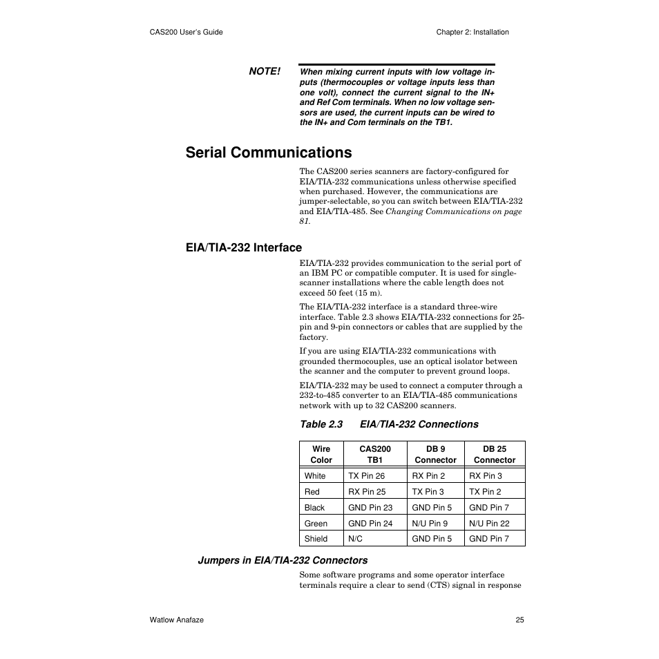 Serial communications, Eia/tia-232 interface, Jumpers in eia/tia-232 connectors | Serial communications 25, Eia/tia-232 interface 25, Table 2.3— eia/tia-232 connections 25 | Watlow CAS200 User Manual | Page 37 / 124