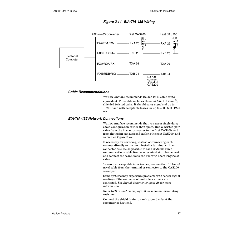 Cable recommendations, Eia/tia-485 network connections, Figure 2.14— eia/tia-485 wiring 27 | Watlow CAS200 User Manual | Page 39 / 124
