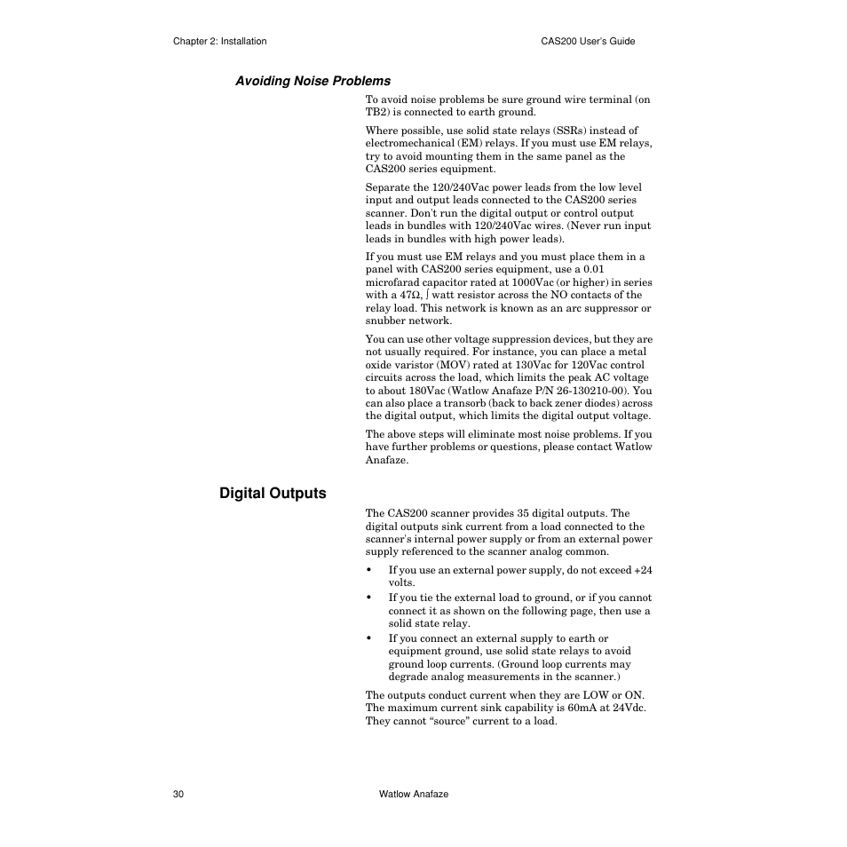 Avoiding noise problems, Digital outputs, Digital outputs 30 | Watlow CAS200 User Manual | Page 42 / 124