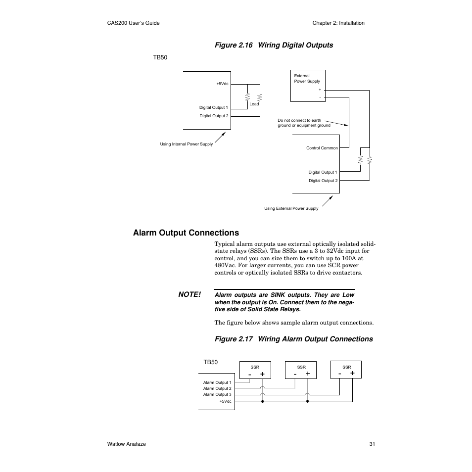 Alarm output connections, Alarm output connections 31 | Watlow CAS200 User Manual | Page 43 / 124