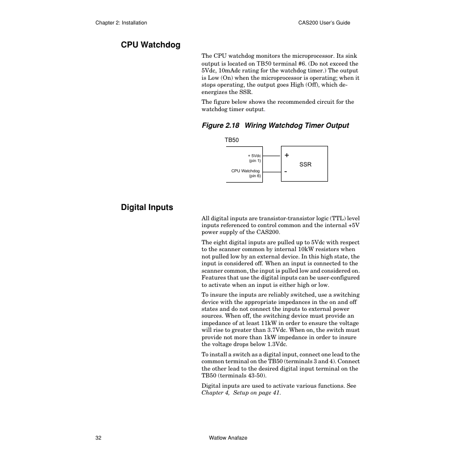 Cpu watchdog, Digital inputs, Cpu watchdog 32 | Digital inputs 32, Figure 2.18— wiring watchdog timer output 32 | Watlow CAS200 User Manual | Page 44 / 124
