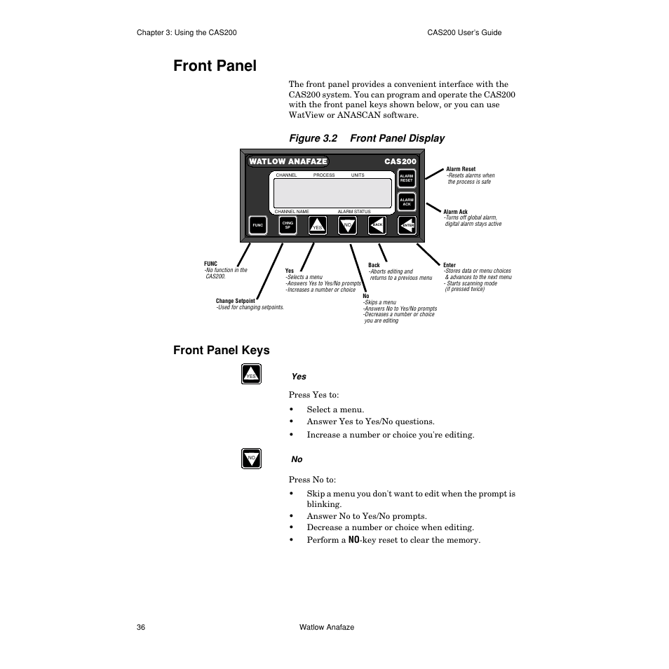 Front panel, Front panel keys, Front panel 36 | Front panel keys 36, Figure 3.2— front panel display 36, Figure 3.2 front panel display | Watlow CAS200 User Manual | Page 48 / 124