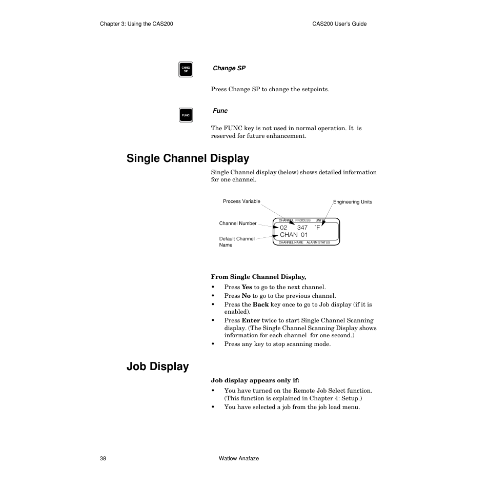 Single channel display, Job display, Single channel display 38 | Job display 38 | Watlow CAS200 User Manual | Page 50 / 124