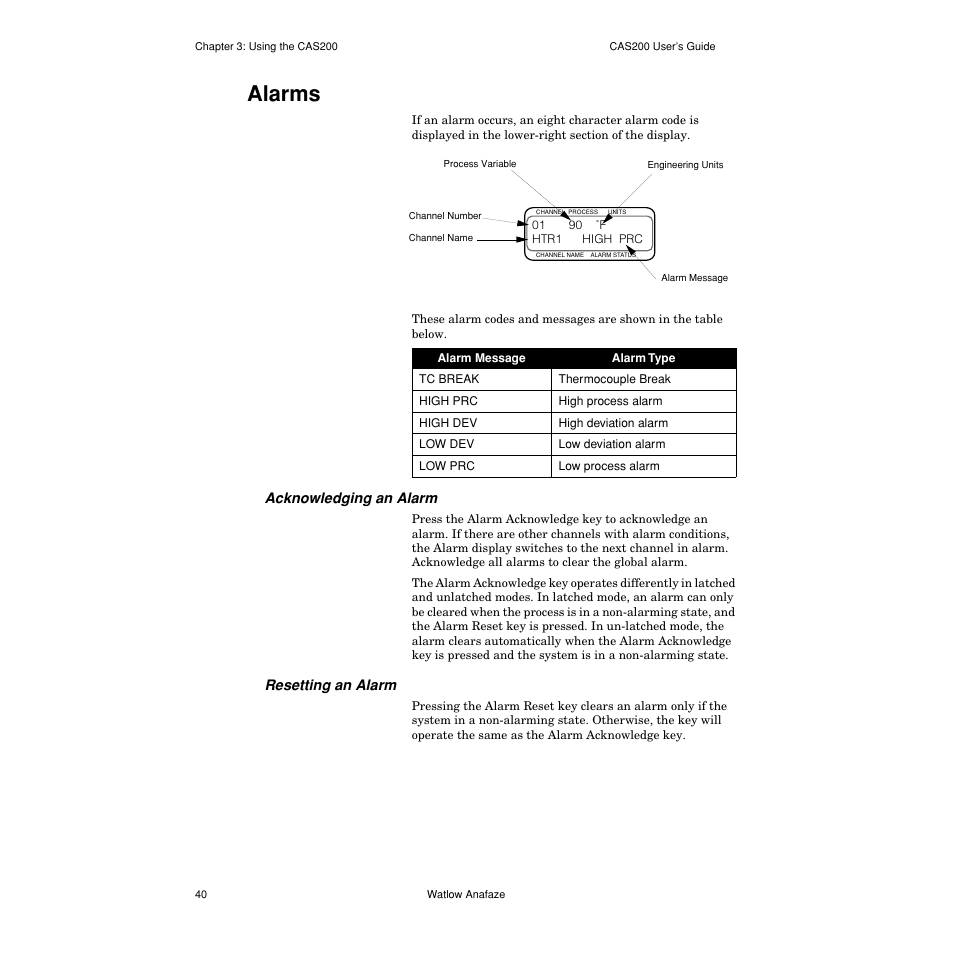 Alarms, Acknowledging an alarm, Resetting an alarm | Alarms 40 | Watlow CAS200 User Manual | Page 52 / 124
