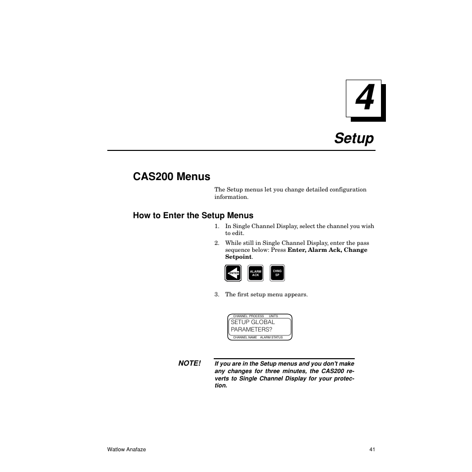 Setup, Cas200 menus, How to enter the setup menus | Setup 41, Cas200 menus 41, How to enter the setup menus 41, Troubleshooting and reconfiguring 67 | Watlow CAS200 User Manual | Page 53 / 124