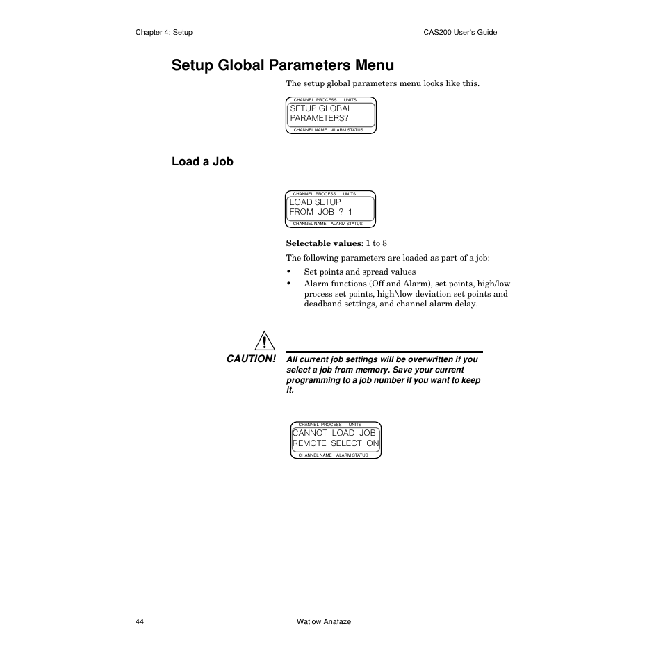 Setup global parameters menu, Load a job, Setup global parameters menu 44 | Load a job 44 | Watlow CAS200 User Manual | Page 56 / 124