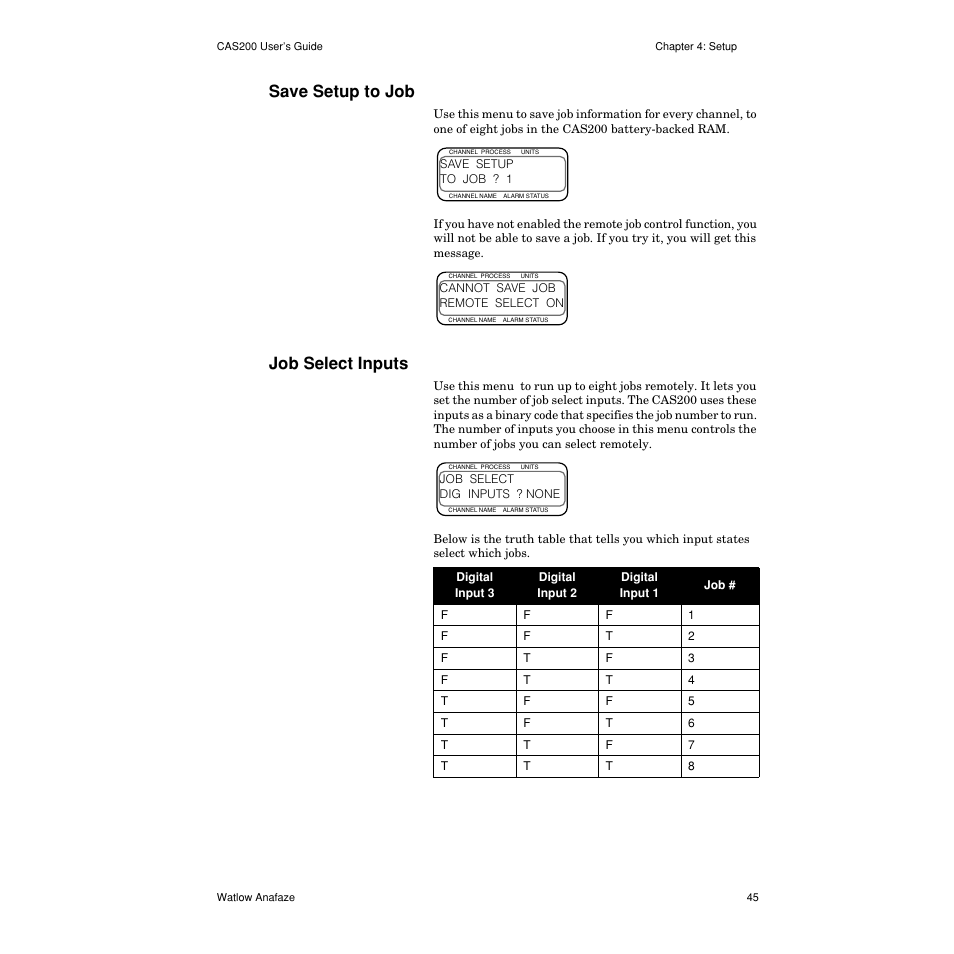 Save setup to job, Job select inputs, Save setup to job 45 | Job select inputs 45 | Watlow CAS200 User Manual | Page 57 / 124