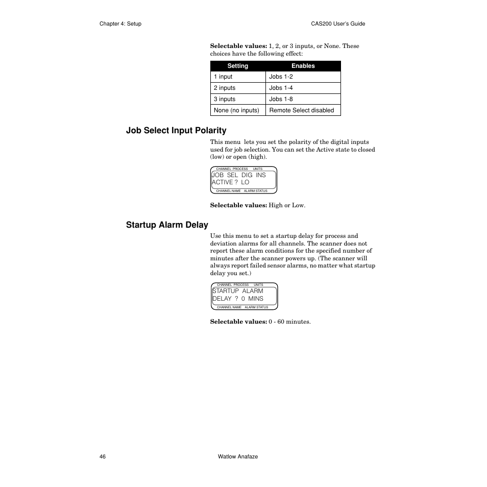 Job select input polarity, Startup alarm delay, Job select input polarity 46 | Startup alarm delay 46 | Watlow CAS200 User Manual | Page 58 / 124