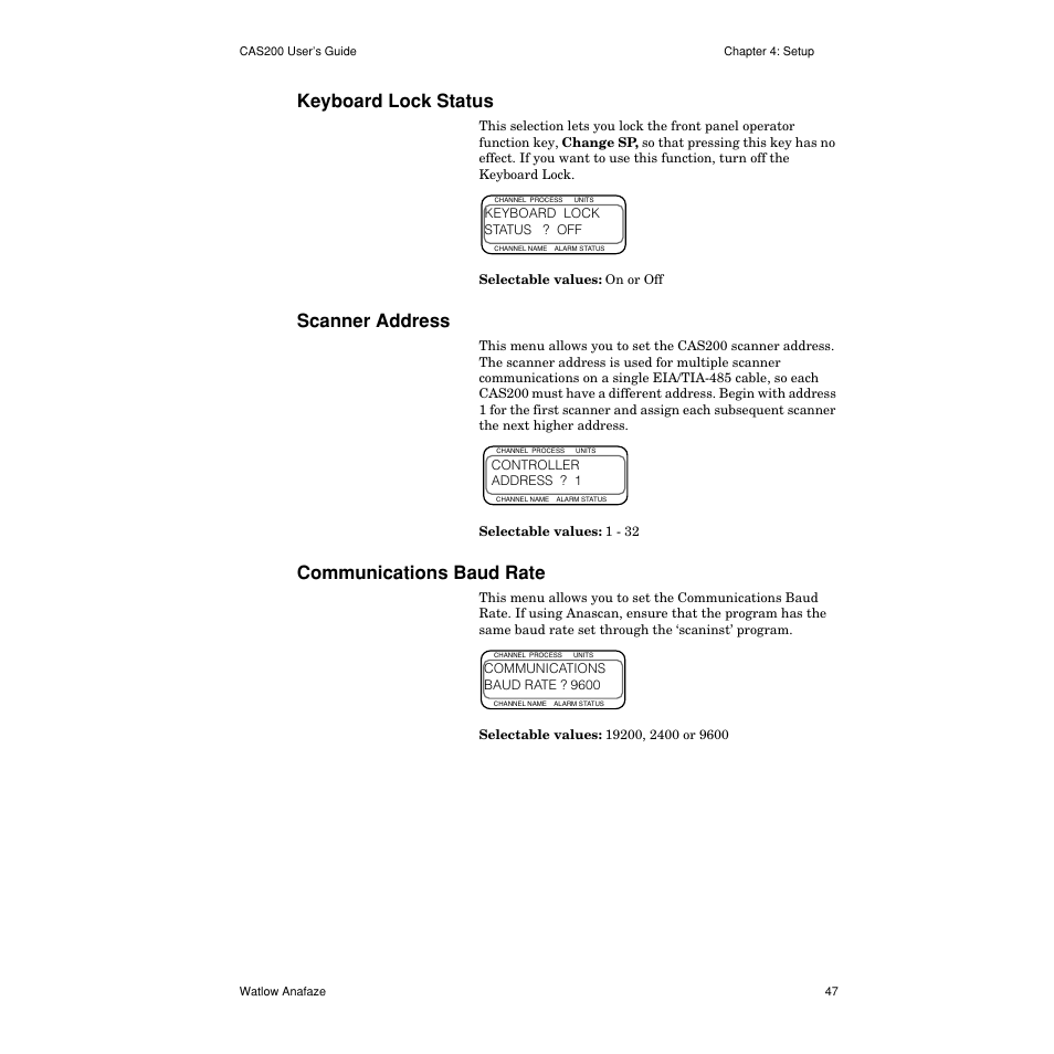 Keyboard lock status, Scanner address, Communications baud rate | Keyboard lock status 47, Scanner address 47, Communications baud rate 47 | Watlow CAS200 User Manual | Page 59 / 124