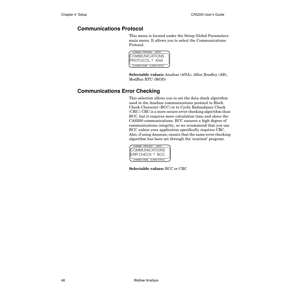 Communications protocol, Communications error checking, Communications protocol 48 | Communications error checking 48 | Watlow CAS200 User Manual | Page 60 / 124