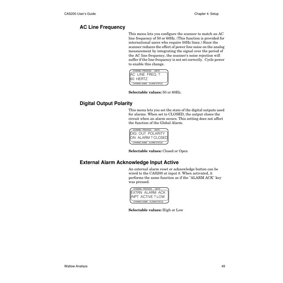 Ac line frequency, Digital output polarity, External alarm acknowledge input active | Ac line frequency 49, Digital output polarity 49, External alarm acknowledge input active 49 | Watlow CAS200 User Manual | Page 61 / 124
