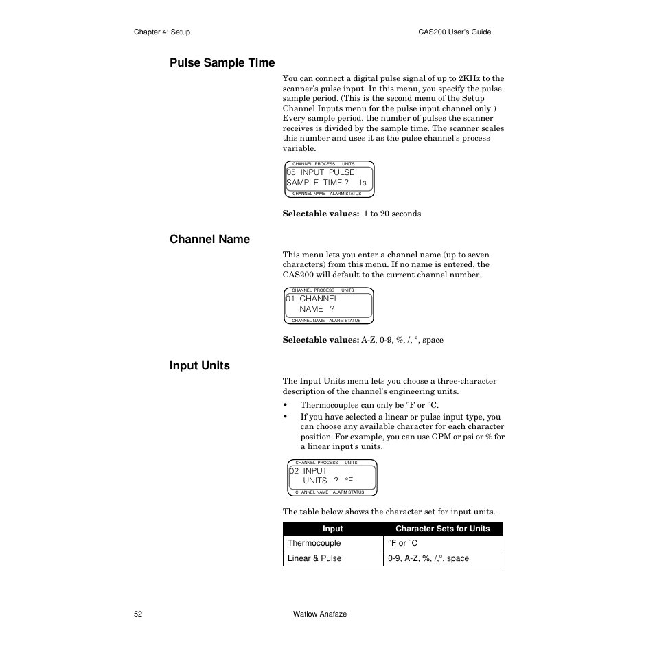Pulse sample time, Channel name, Input units | Pulse sample time 52, Channel name 52, Input units 52 | Watlow CAS200 User Manual | Page 64 / 124