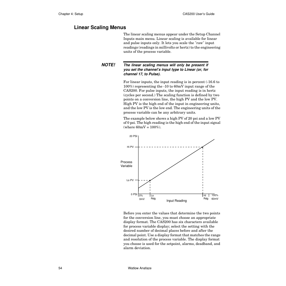 Linear scaling menus, Linear scaling menus 54 | Watlow CAS200 User Manual | Page 66 / 124