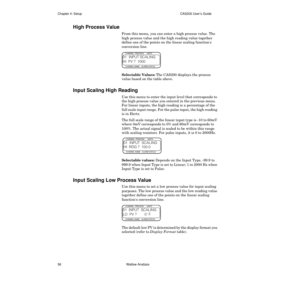 High process value, Input scaling high reading, Input scaling low process value | High process value 56, Input scaling high reading 56, Input scaling low process value 56 | Watlow CAS200 User Manual | Page 68 / 124