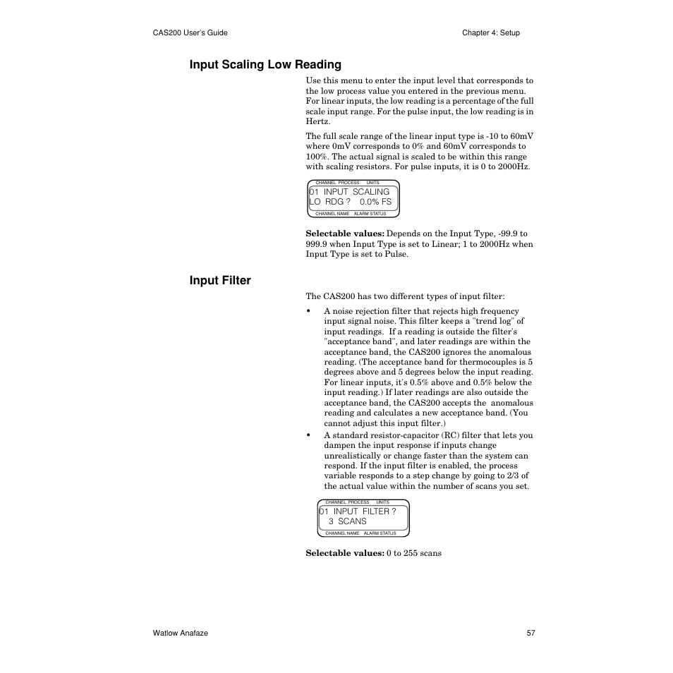 Input scaling low reading, Input filter, Input scaling low reading 57 | Input filter 57 | Watlow CAS200 User Manual | Page 69 / 124