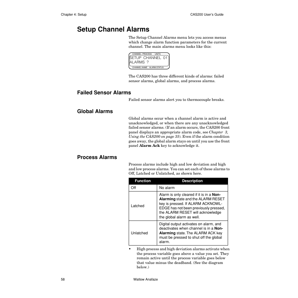 Setup channel alarms, Failed sensor alarms, Global alarms | Process alarms, Setup channel alarms 58, Failed sensor alarms 58, Global alarms 58, Process alarms 58 | Watlow CAS200 User Manual | Page 70 / 124