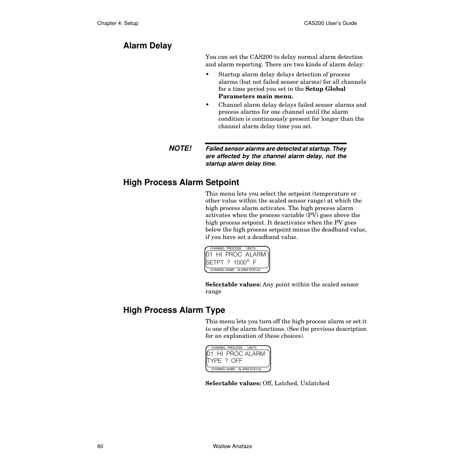 Alarm delay, High process alarm setpoint, High process alarm type | Alarm delay 60, High process alarm setpoint 60, High process alarm type 60 | Watlow CAS200 User Manual | Page 72 / 124