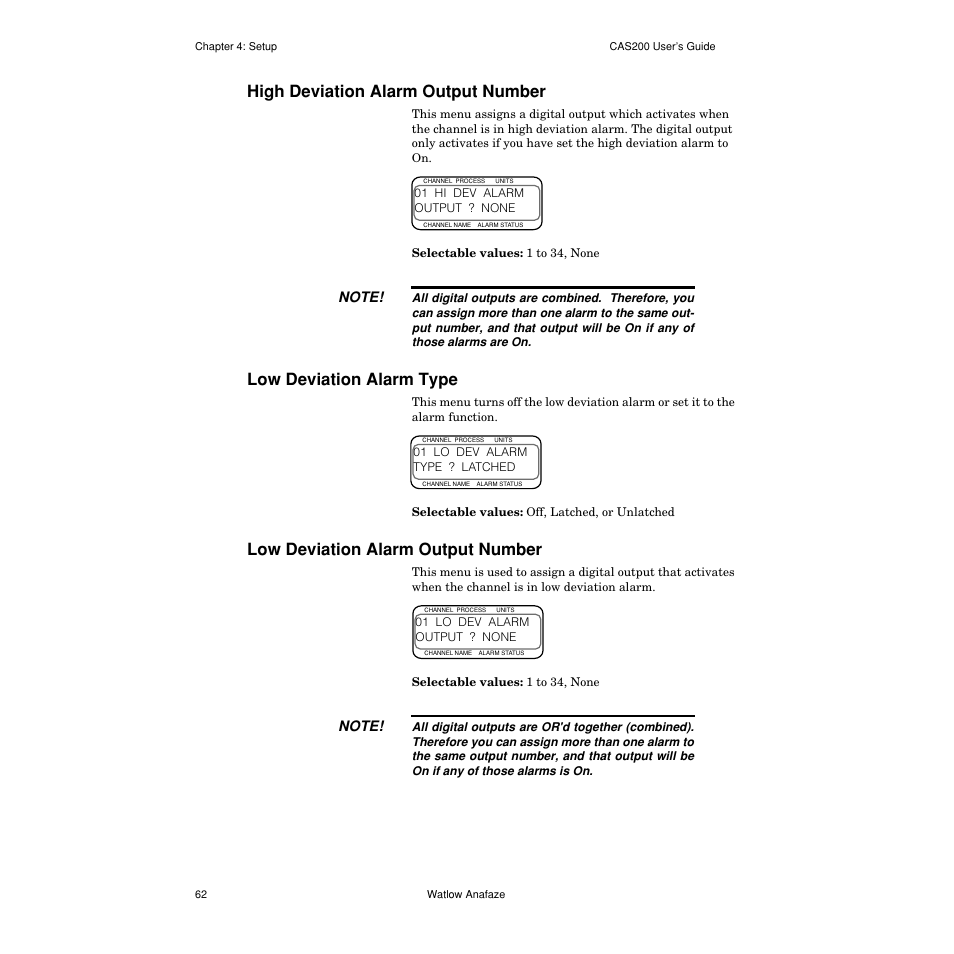 High deviation alarm output number, Low deviation alarm type, Low deviation alarm output number | High deviation alarm output number 62, Low deviation alarm type 62, Low deviation alarm output number 62 | Watlow CAS200 User Manual | Page 74 / 124