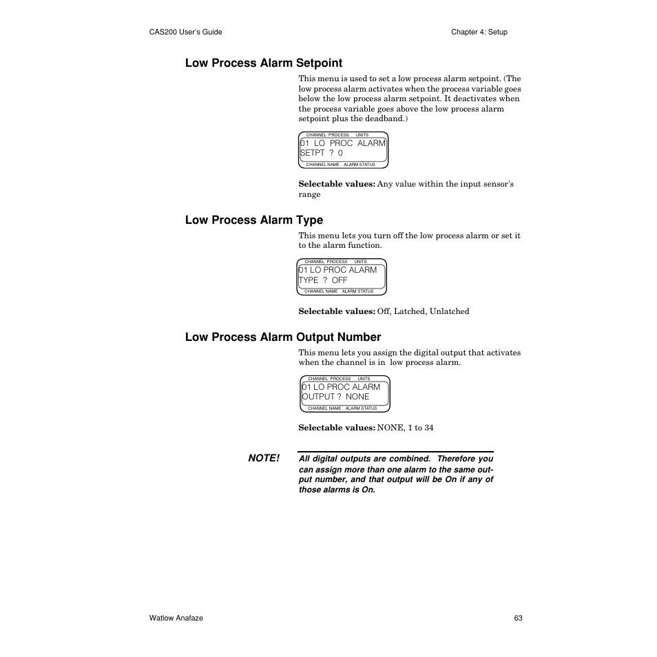 Low process alarm setpoint, Low process alarm type, Low process alarm output number | Low process alarm setpoint 63, Low process alarm type 63, Low process alarm output number 63 | Watlow CAS200 User Manual | Page 75 / 124