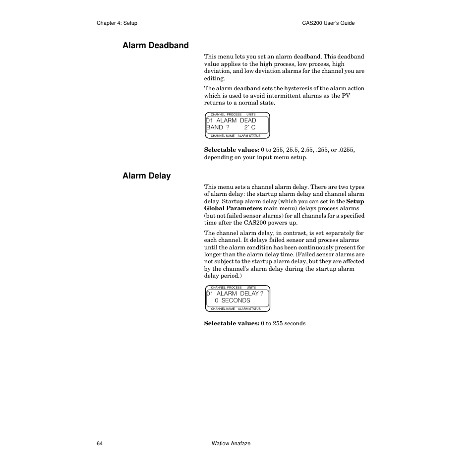 Alarm deadband, Alarm delay, Alarm deadband 64 | Alarm delay 64 | Watlow CAS200 User Manual | Page 76 / 124