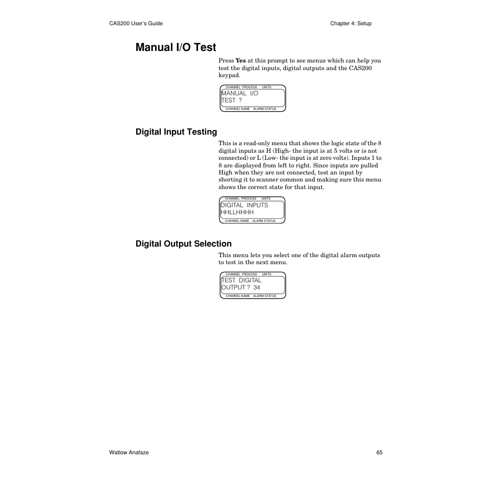 Manual i/o test, Digital input testing, Digital output selection | Manual i/o test 65, Digital input testing 65, Digital output selection 65 | Watlow CAS200 User Manual | Page 77 / 124