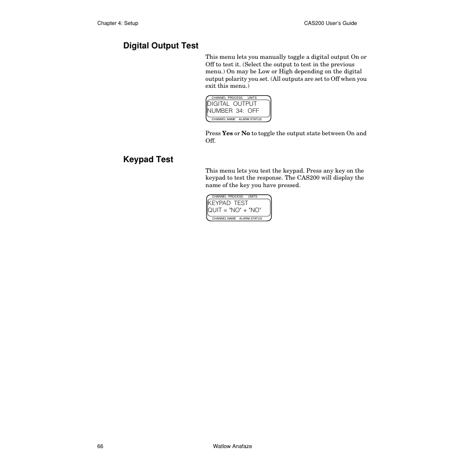 Digital output test, Keypad test, Digital output test 66 | Keypad test 66 | Watlow CAS200 User Manual | Page 78 / 124