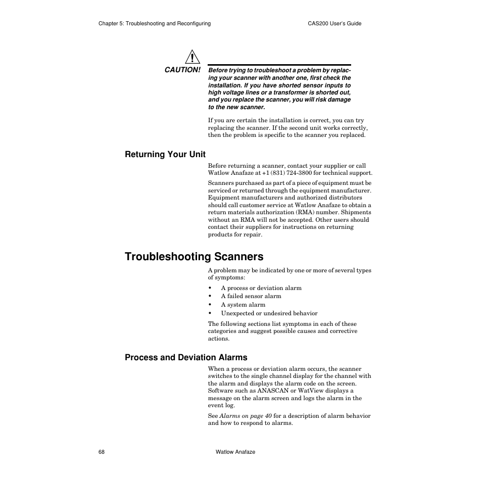 Returning your unit, Troubleshooting scanners, Process and deviation alarms | Returning your unit 68, Troubleshooting scanners 68, Process and deviation alarms 68 | Watlow CAS200 User Manual | Page 80 / 124