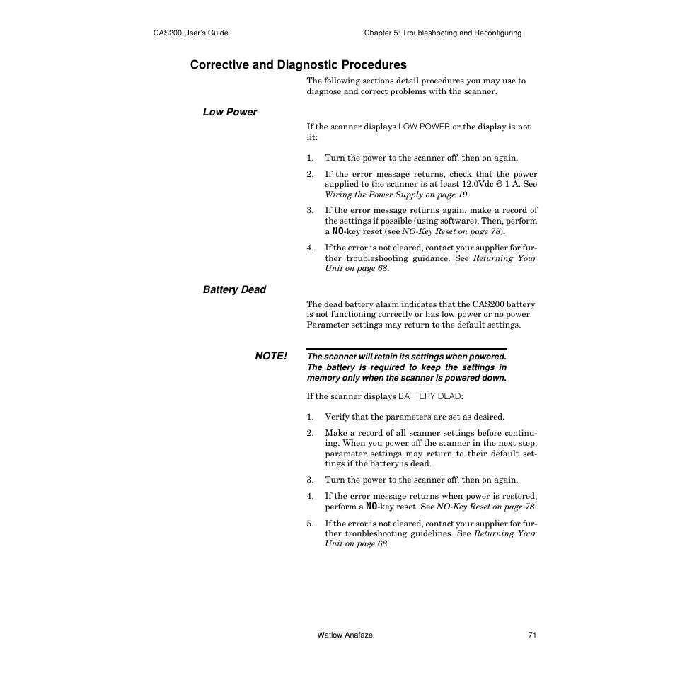Corrective and diagnostic procedures, Low power, Battery dead | Corrective and diagnostic procedures 71 | Watlow CAS200 User Manual | Page 83 / 124