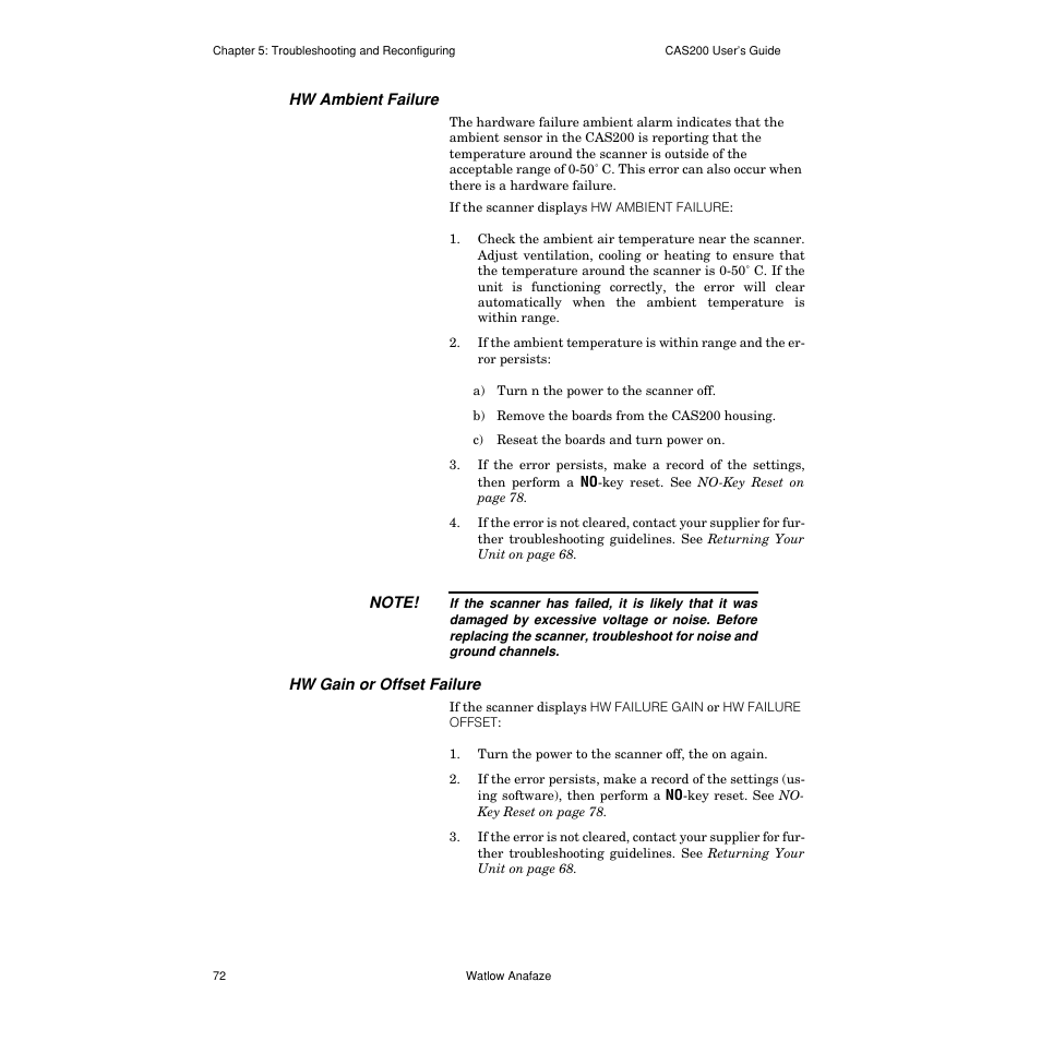 Hw ambient failure, Hw gain or offset failure | Watlow CAS200 User Manual | Page 84 / 124