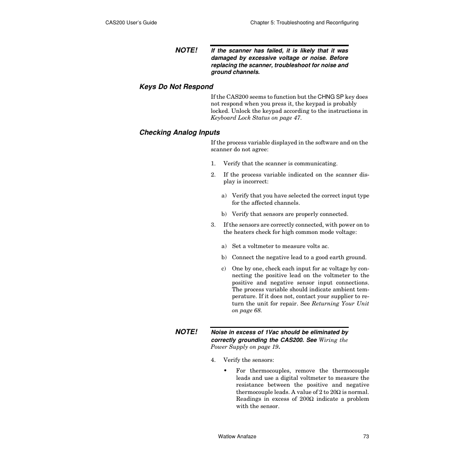 Keys do not respond, Checking analog inputs | Watlow CAS200 User Manual | Page 85 / 124