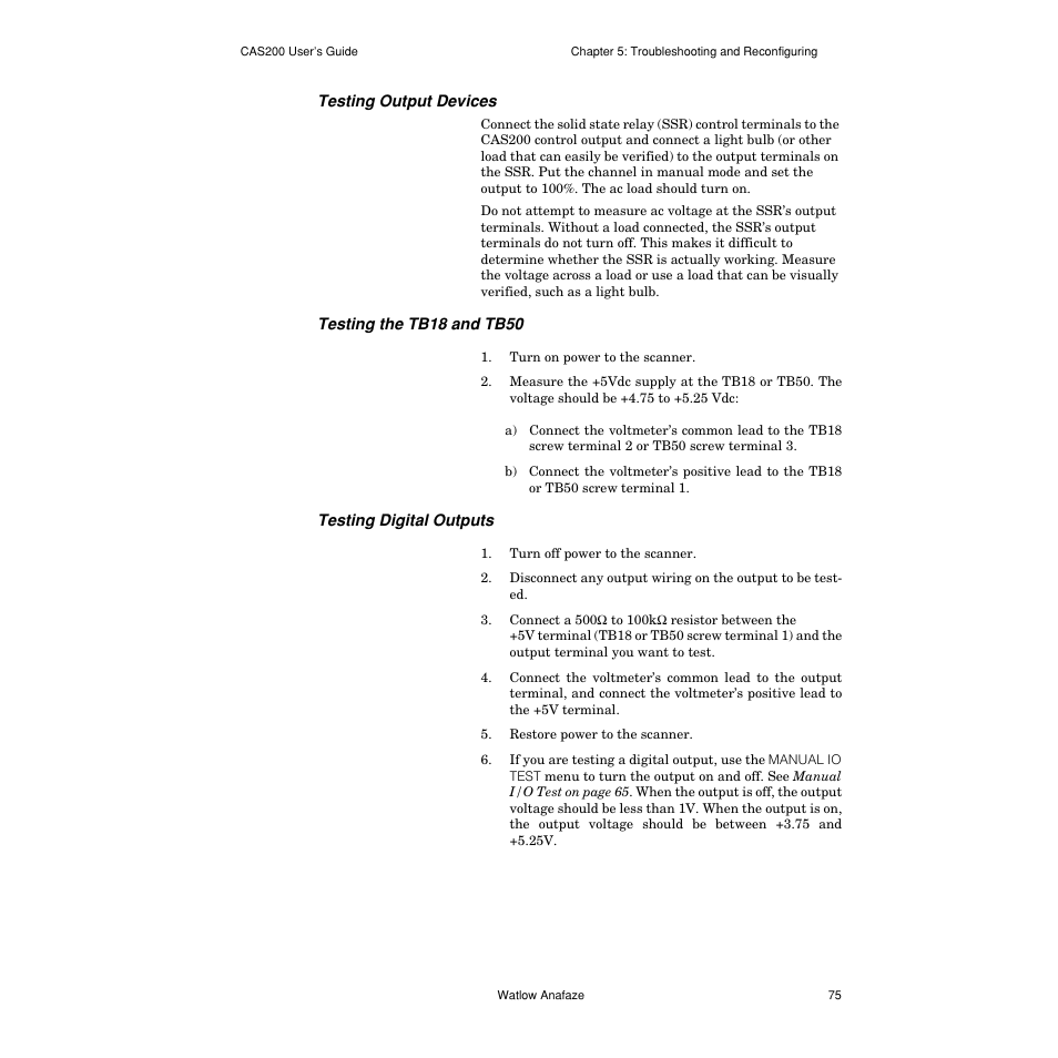 Testing output devices, Testing the tb18 and tb50, Testing digital outputs | Watlow CAS200 User Manual | Page 87 / 124