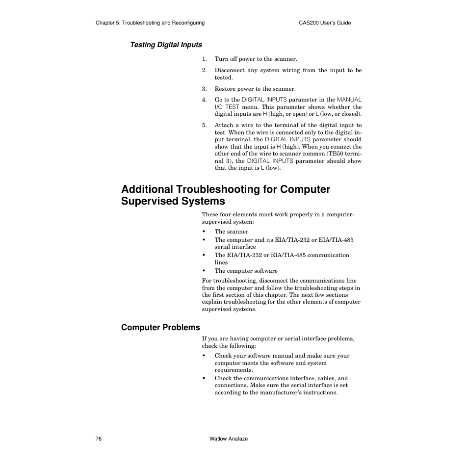 Testing digital inputs, Computer problems, Computer problems 76 | Watlow CAS200 User Manual | Page 88 / 124