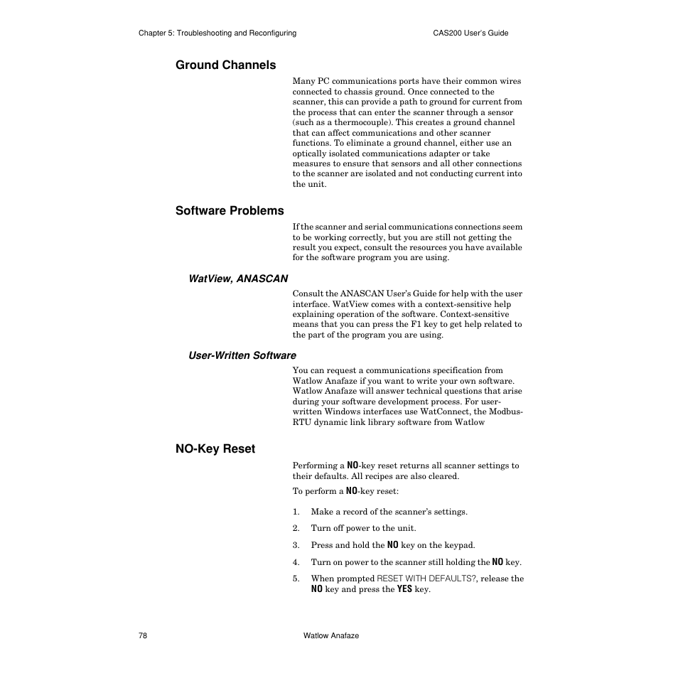 Ground channels, Software problems, Watview, anascan | User-written software, No-key reset, Ground channels 78, Software problems 78, No-key reset 78, See no-key, No-key reset on | Watlow CAS200 User Manual | Page 90 / 124