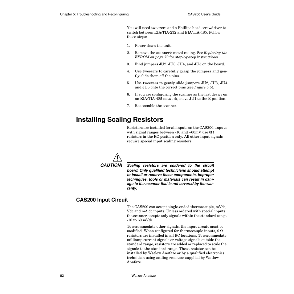 Installing scaling resistors, Cas200 input circuit, Installing scaling resistors 82 | Cas200 input circuit 82 | Watlow CAS200 User Manual | Page 94 / 124