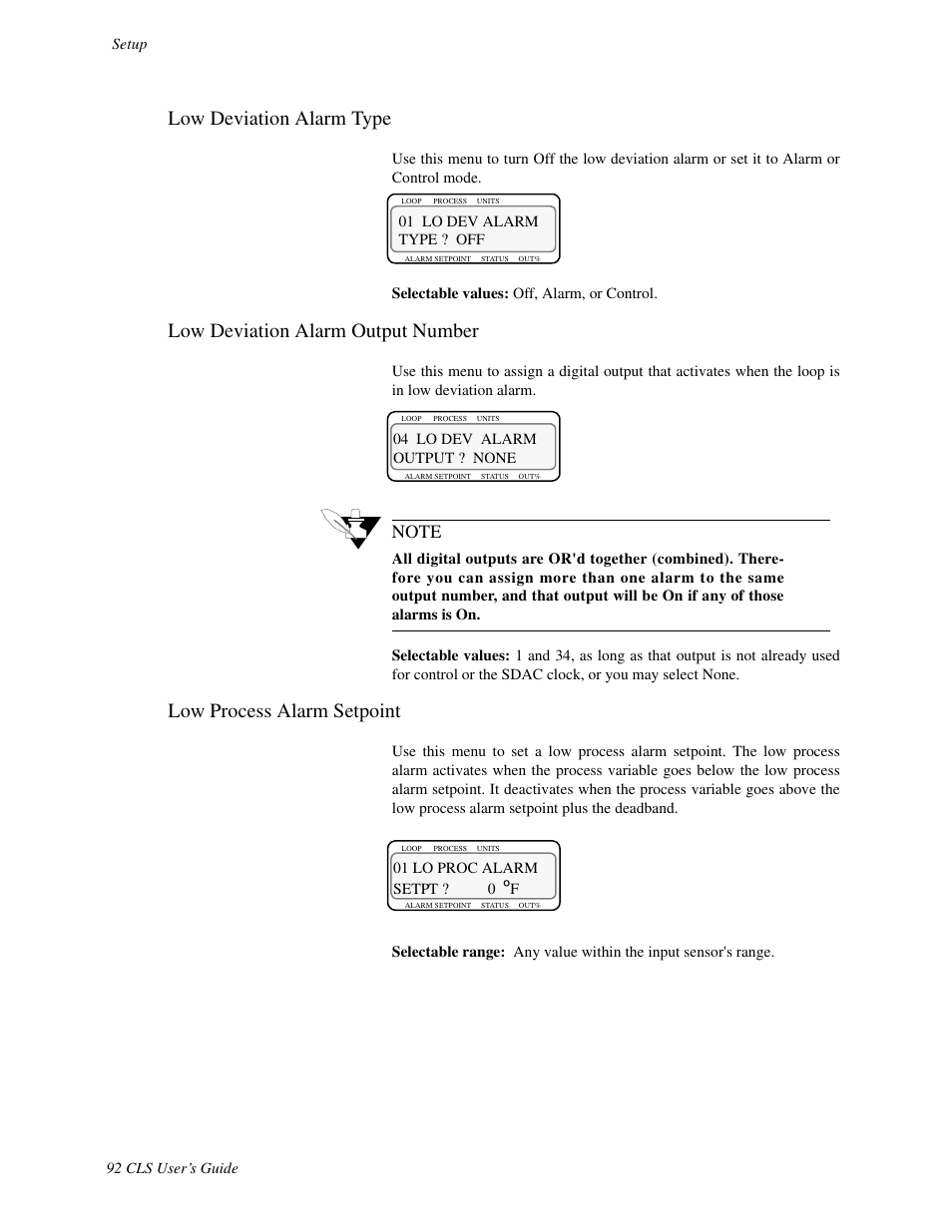 Low deviation alarm type, Low deviation alarm output number, Low process alarm setpoint | Watlow CLS User Manual | Page 100 / 180