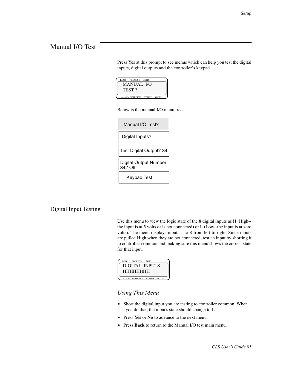 Manual i/o test, Digital input testing, Using this menu | Watlow CLS User Manual | Page 103 / 180