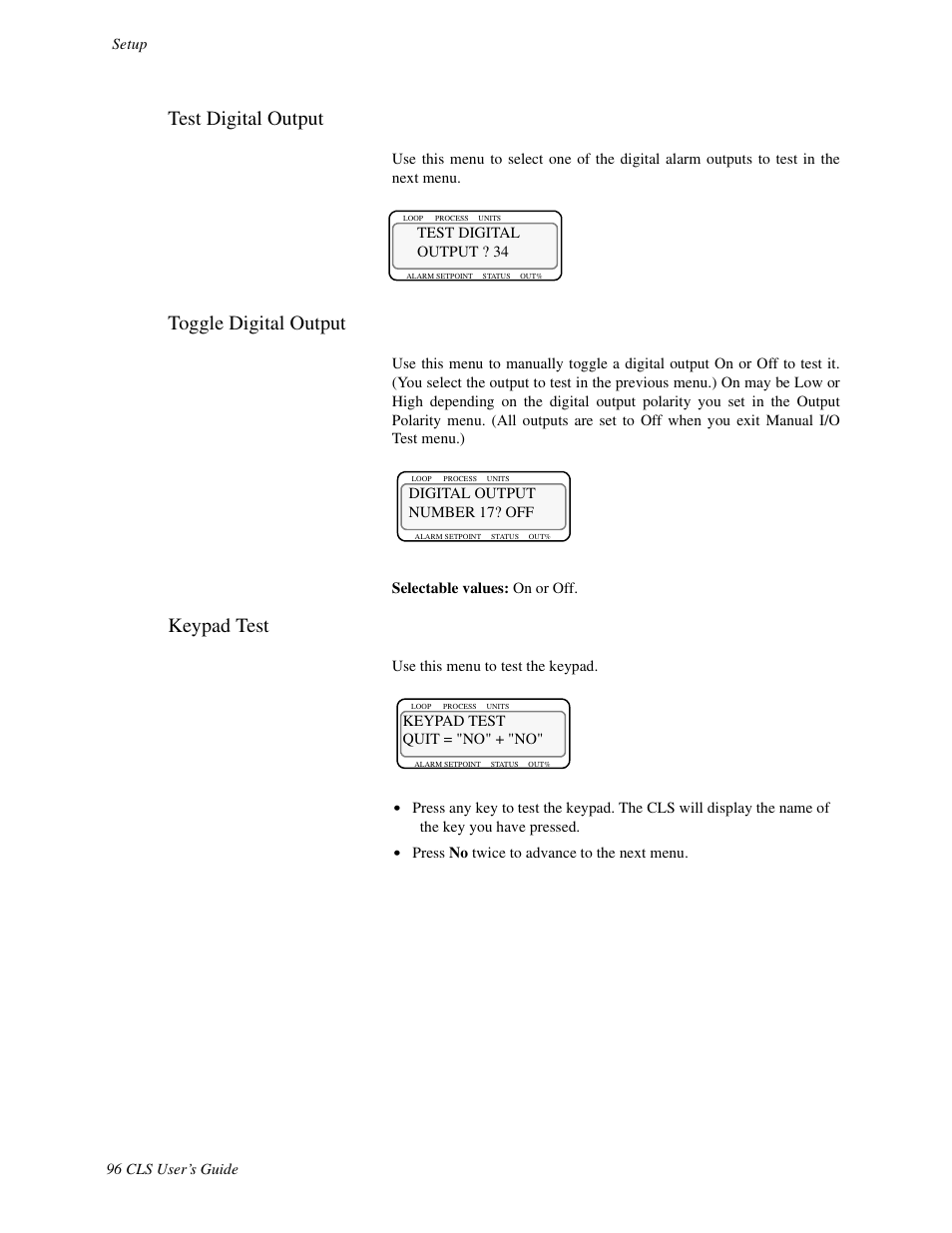 Test digital output, Toggle digital output, Keypad test | Watlow CLS User Manual | Page 104 / 180