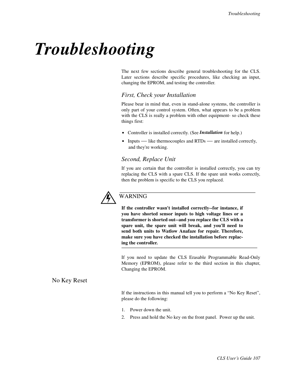 Troubleshooting, No key reset | Watlow CLS User Manual | Page 115 / 180