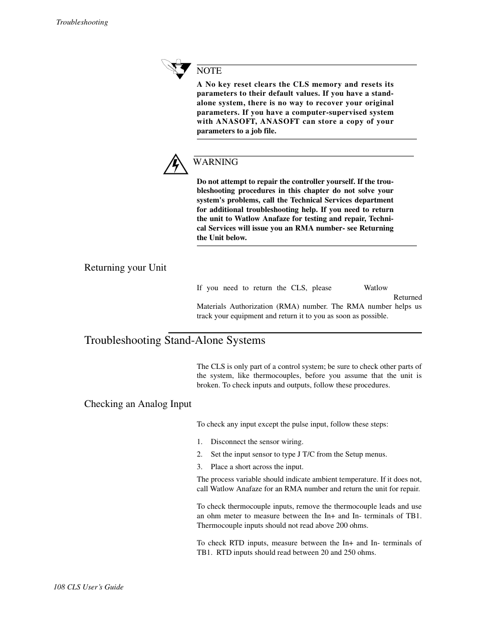 Returning your unit, Troubleshooting stand-alone systems, Checking an analog input | Watlow CLS User Manual | Page 116 / 180