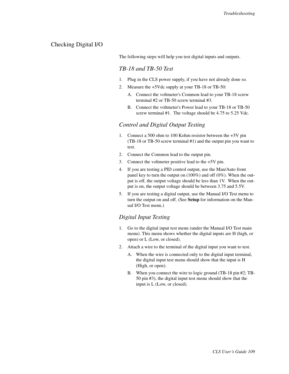 Checking digital i/o, Tb-18 and tb-50 test, Control and digital output testing | Digital input testing | Watlow CLS User Manual | Page 117 / 180