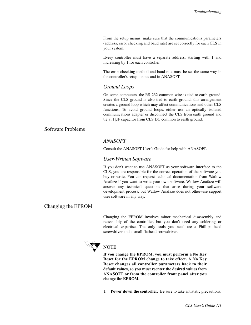 Software problems, Changing the eprom | Watlow CLS User Manual | Page 119 / 180