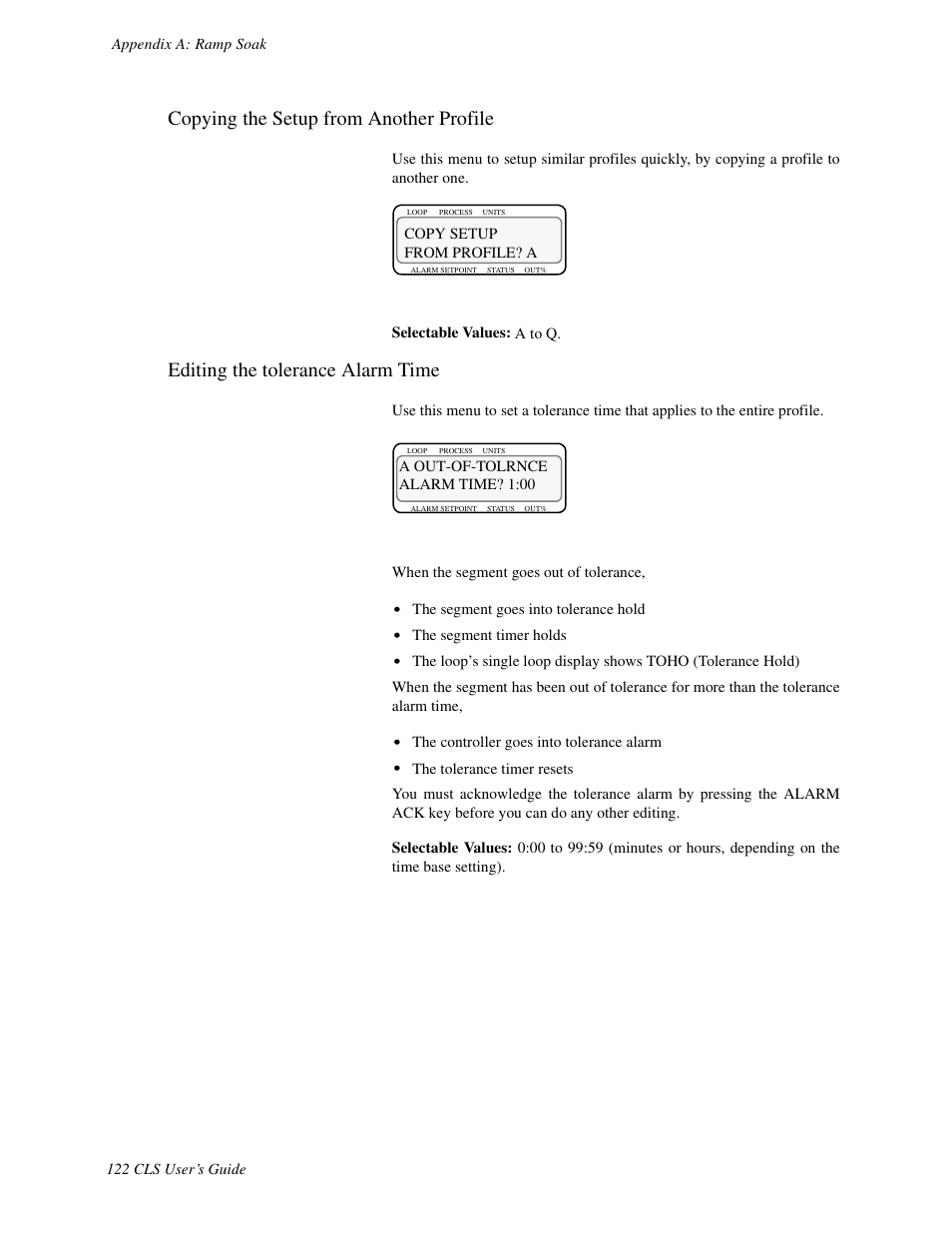 Copying the setup from another profile, Editing the tolerance alarm time | Watlow CLS User Manual | Page 130 / 180