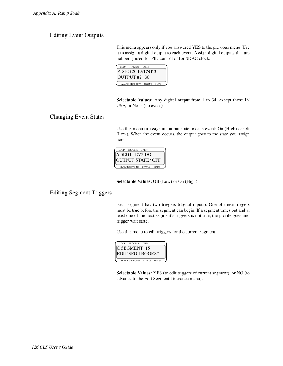 Editing event outputs, Changing event states, Editing segment triggers | Watlow CLS User Manual | Page 134 / 180