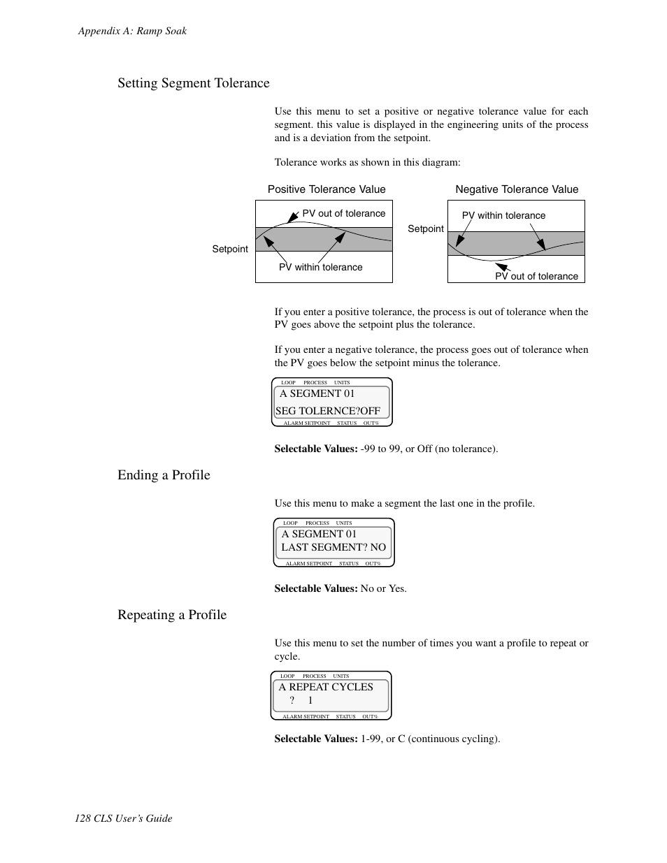Setting segment tolerance, Ending a profile, Repeating a profile | Watlow CLS User Manual | Page 136 / 180