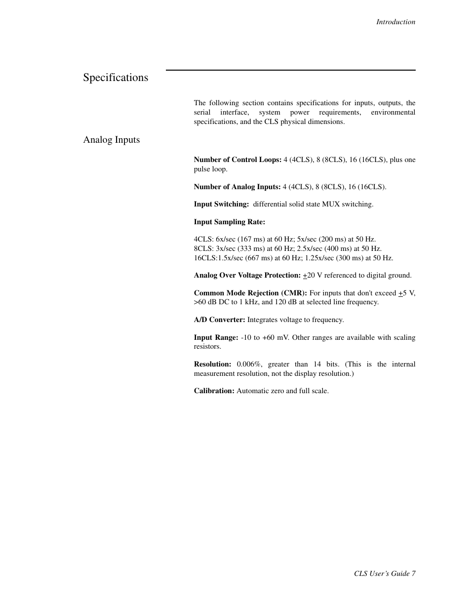 Specifications, Analog inputs | Watlow CLS User Manual | Page 15 / 180