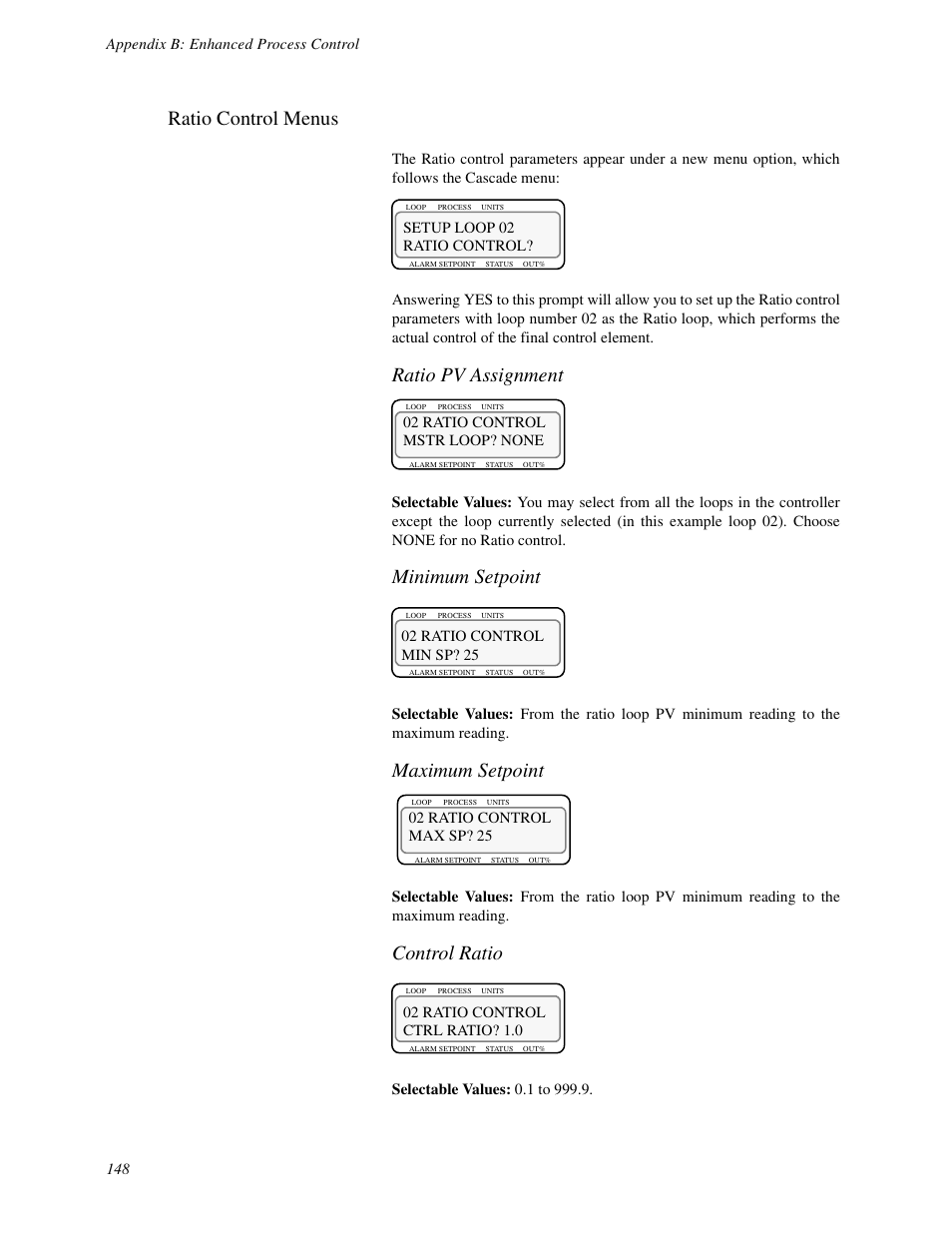 Ratio control menus, Ratio pv assignment, Minimum setpoint | Maximum setpoint, Control ratio | Watlow CLS User Manual | Page 156 / 180